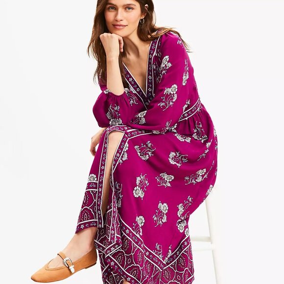 NWT Loft Petite Floral Puff Sleeve Button Midi Dress 00P - Picture 4 of 8